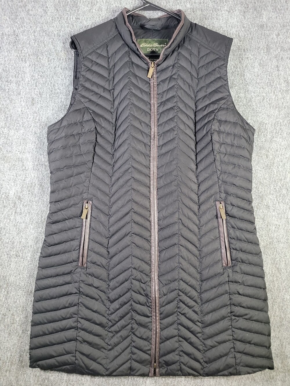 Eddie Bauer Womens Goose Down Puffer Vest Black Longline Mid Length Chevron Sz L